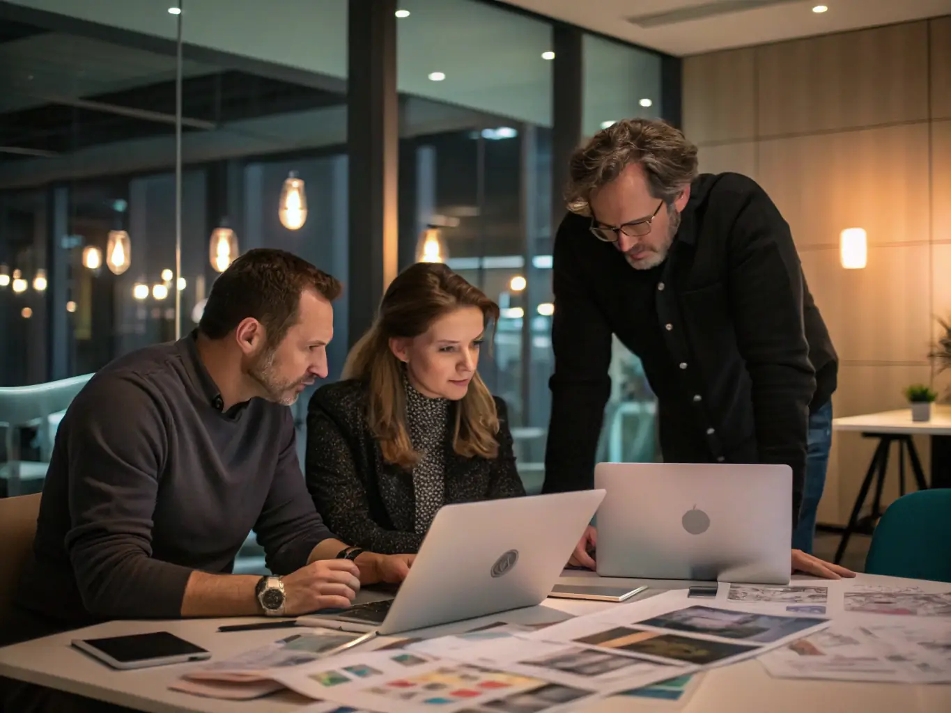 A digital agency team collaborating on a website design, showcasing wireframes and discussing user experience on a large monitor in a modern office setting.