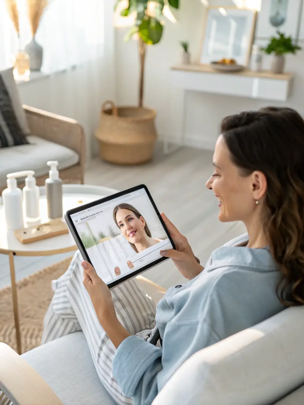 An AI voice bot answering a customer's question about skincare products in a beauty salon setting, with various products displayed in the background.