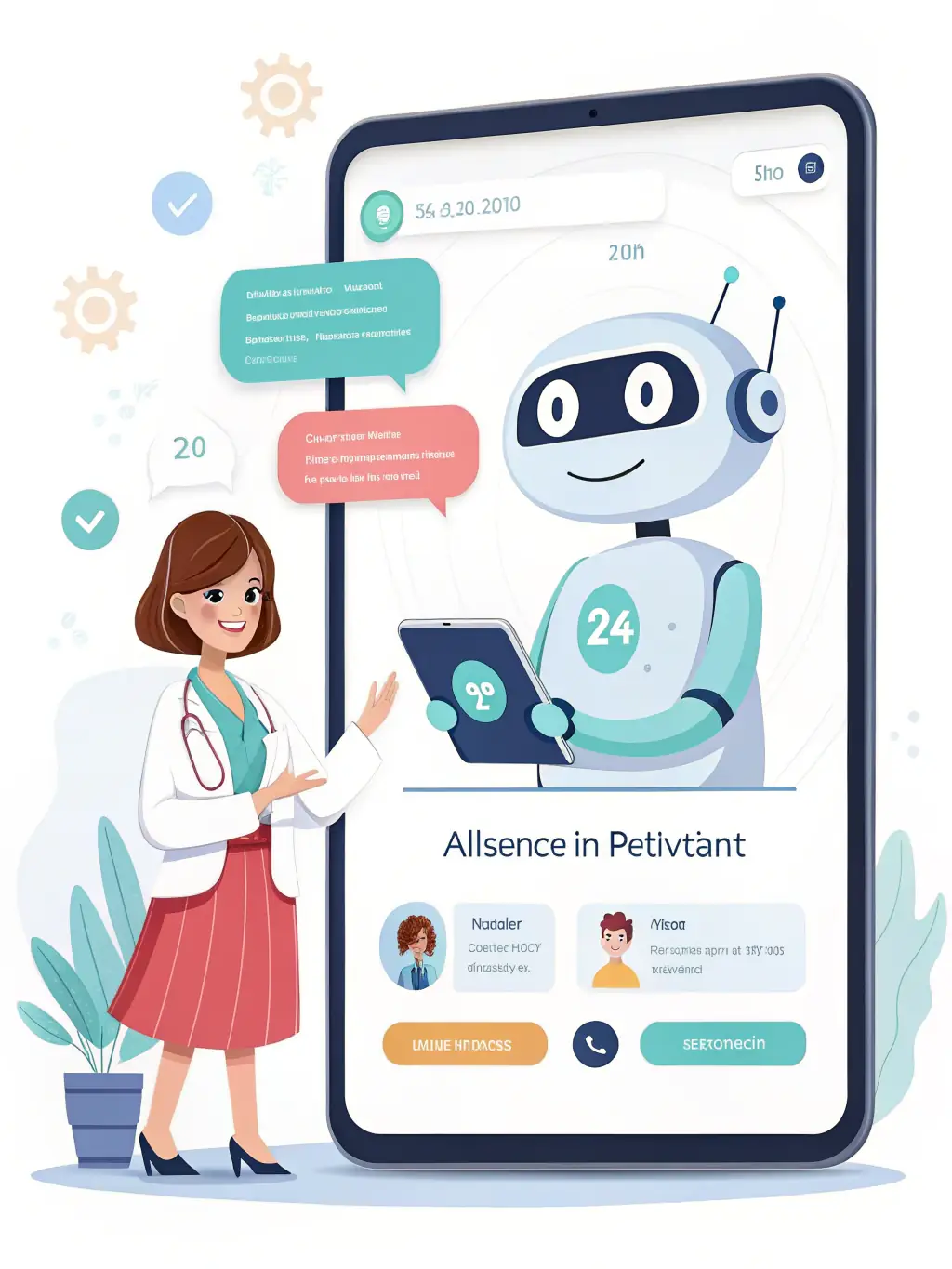 A friendly AI chatbot icon assisting a customer on a clinic's website, answering questions about services.