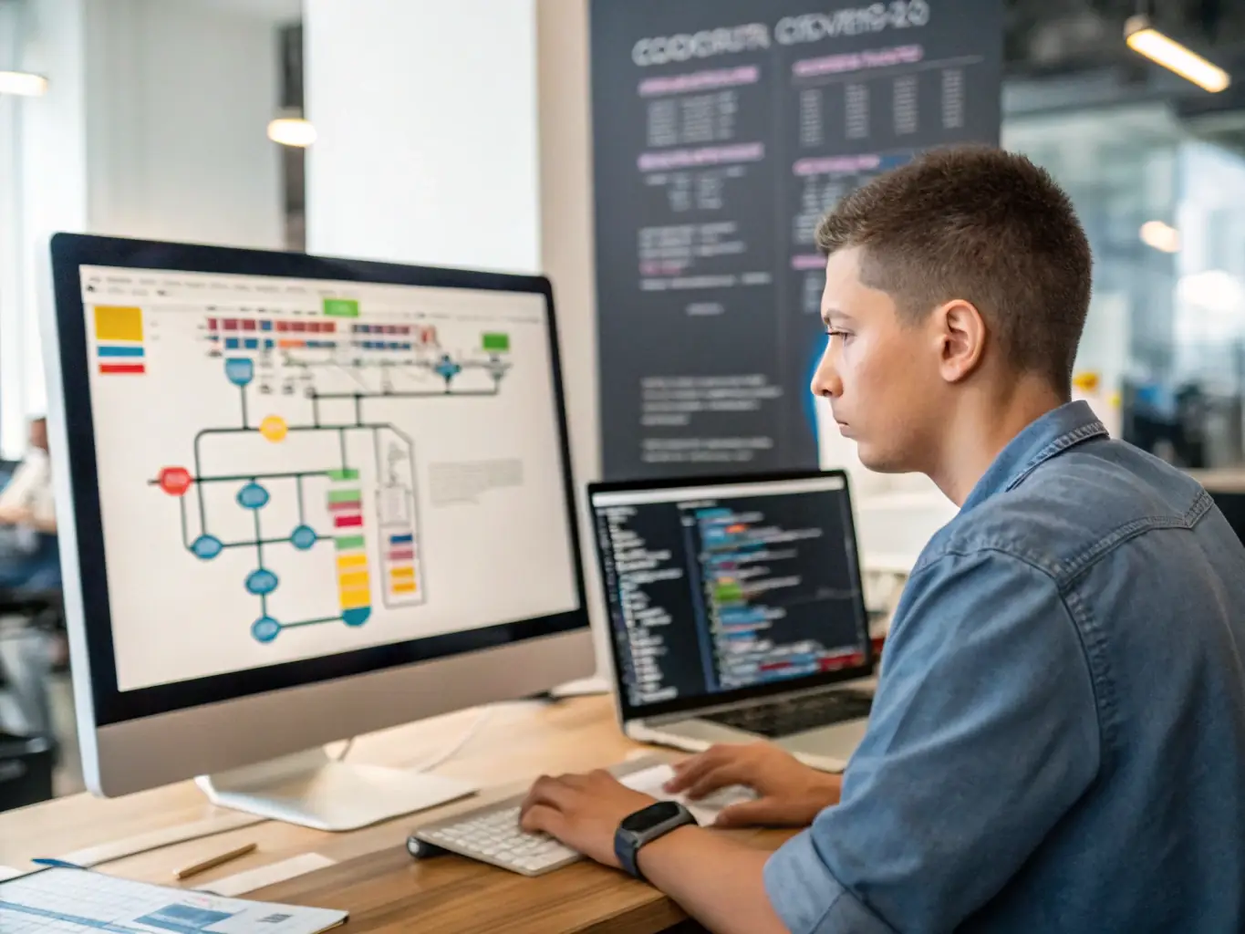 A developer coding a website with clean, well-commented HTML, CSS, and JavaScript, highlighting the use of modern frameworks and responsive design principles.